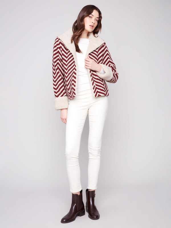 Chevron Bouclé Short Jacket With Sherpa Trim - Cabernet