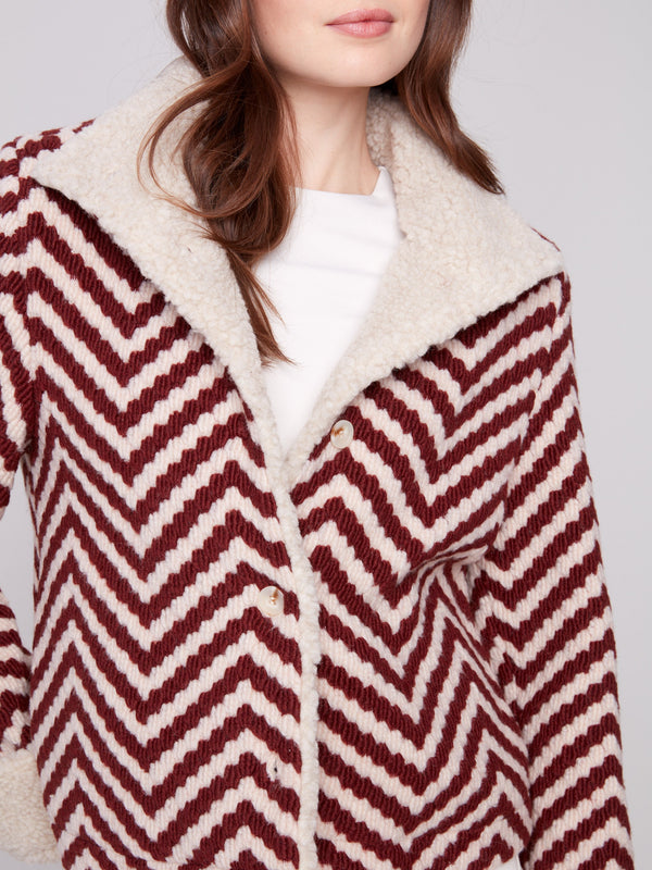 Chevron Bouclé Short Jacket With Sherpa Trim - Cabernet