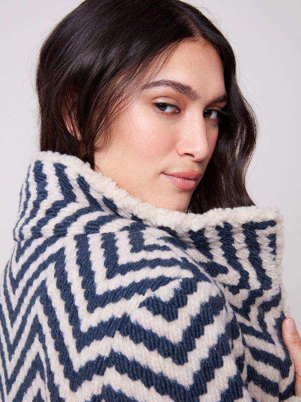 Chevron Bouclé Short Jacket With Sherpa Trim - Navy