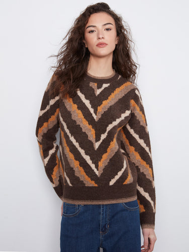 Chevron sweater in rich brown with ribbed cuffs and hem, offering a cozy fit by Charlie B.