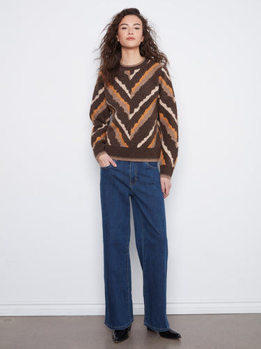 Brown chevron pattern sweater with crew neck, perfect for layering by Charlie B.