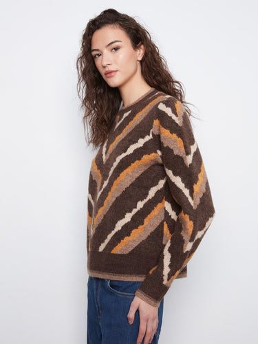 Mushroom-toned chevron sweater highlighting the long sleeves design by Charlie B.