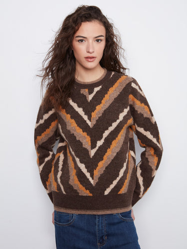 Chevron patterned sweater in earthy tones, showcasing crew neck detail by Charlie B.