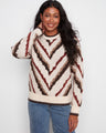 Cozy sweater with a crew neck design, featuring a striking chevron pattern in warm tones. Perfect for layering. By Charlie B.