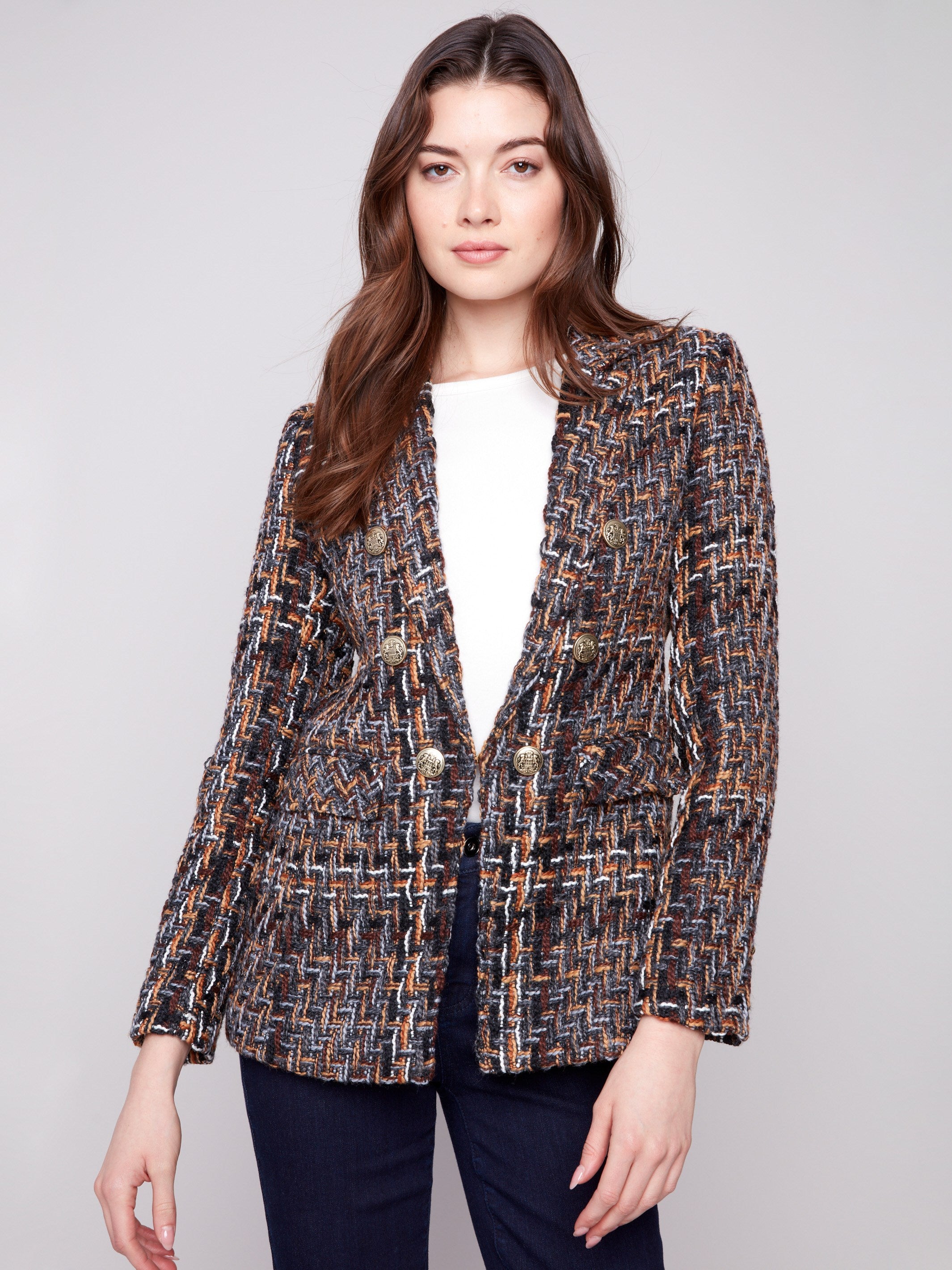 Women's chevron tweed blazer featuring a sophisticated notch lapel collar by Charlie B.