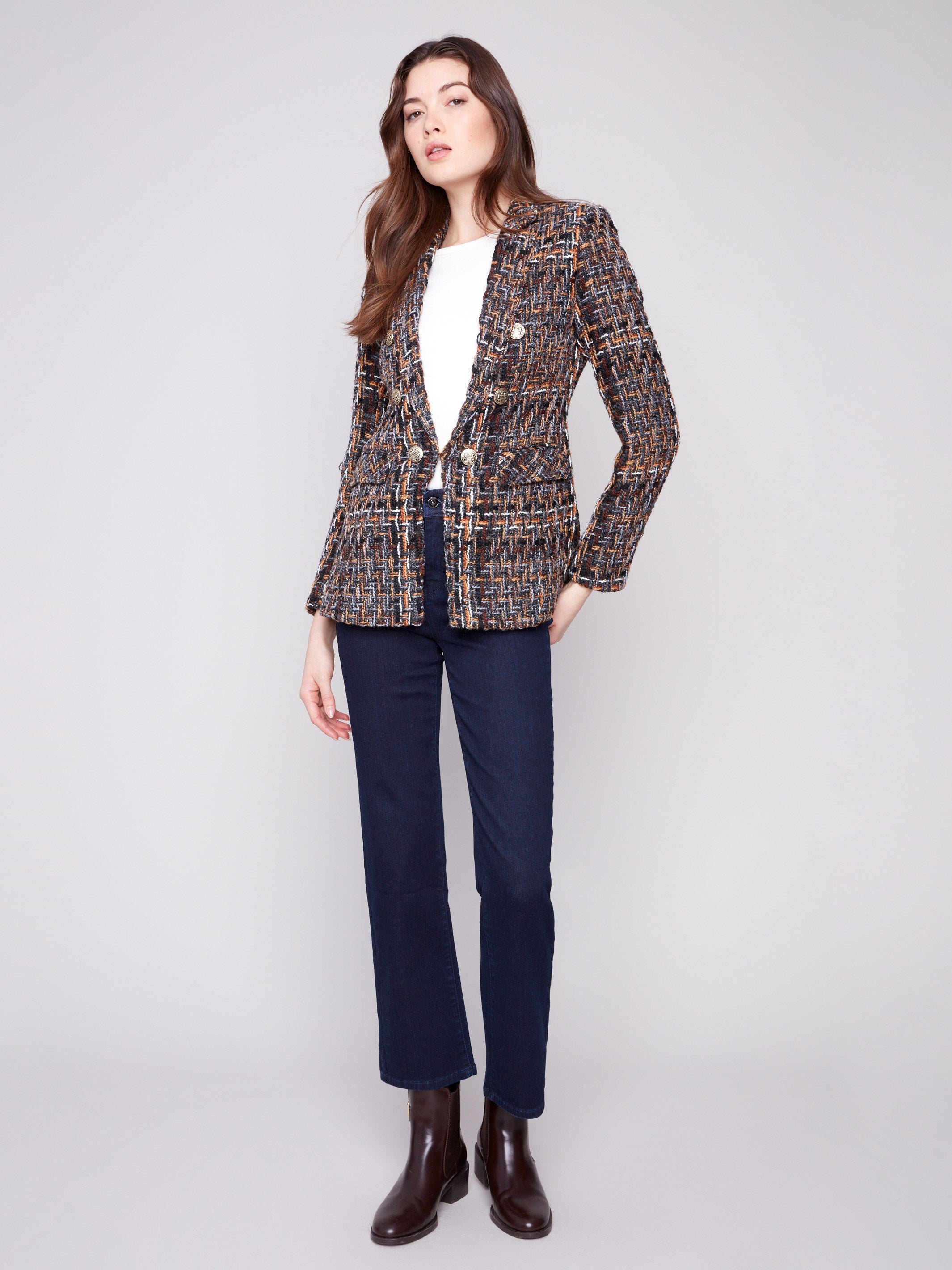 Elegant blazer with hook-and-eye front closure in chevron tweed fabric by Charlie B.