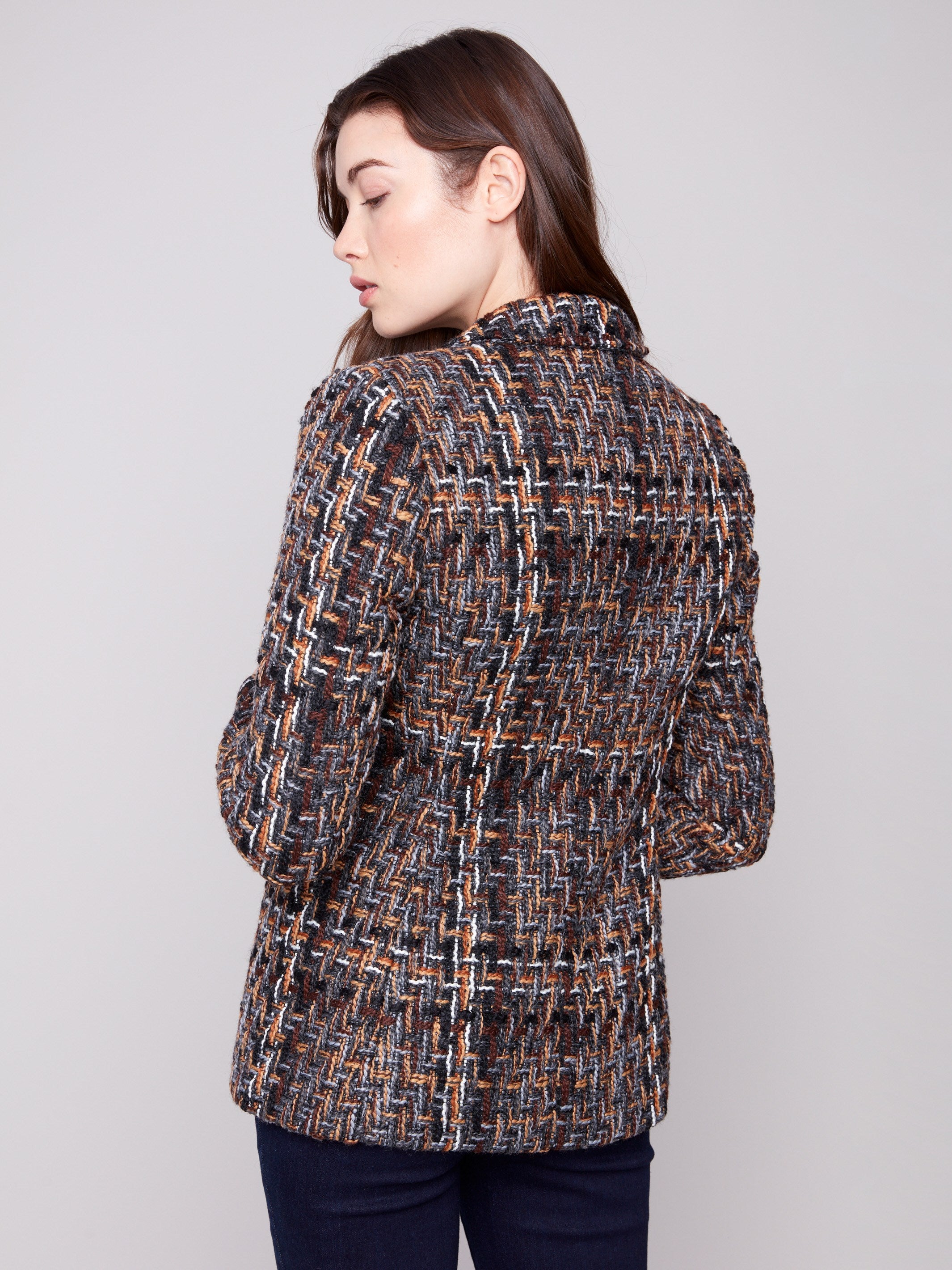 Chevron tweed fabric blazer designed with practical flap pockets by Charlie B.