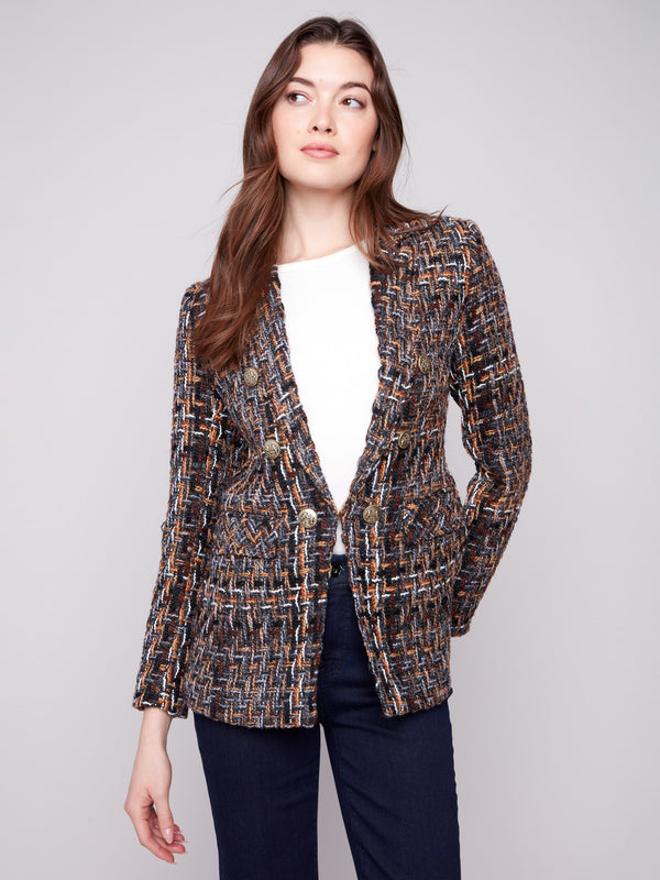 Fashionable women's chevron tweed blazer with a chic notch lapel collar by Charlie B.