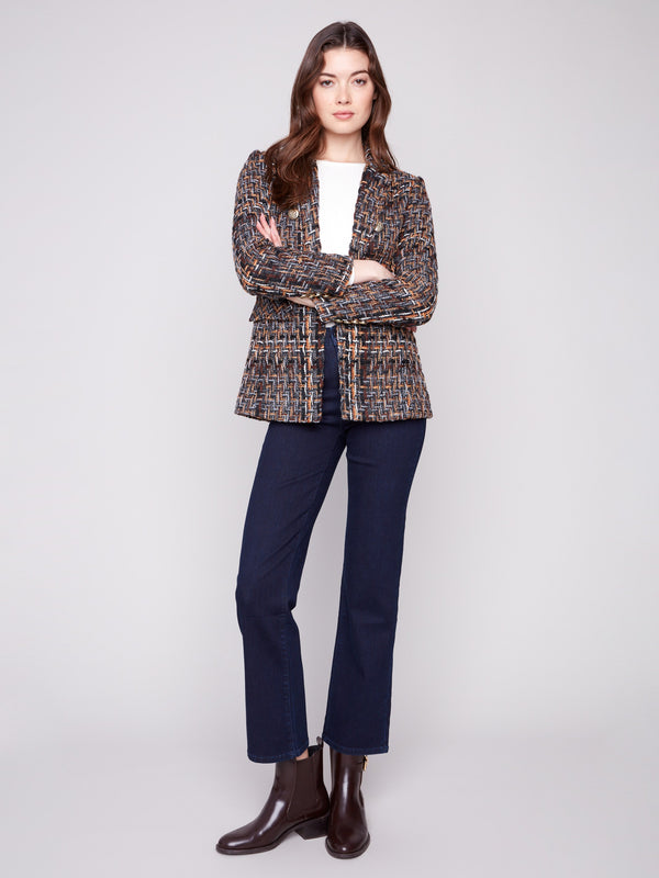 Women's stylish chevron tweed blazer detailed with functional flap pockets by Charlie B.