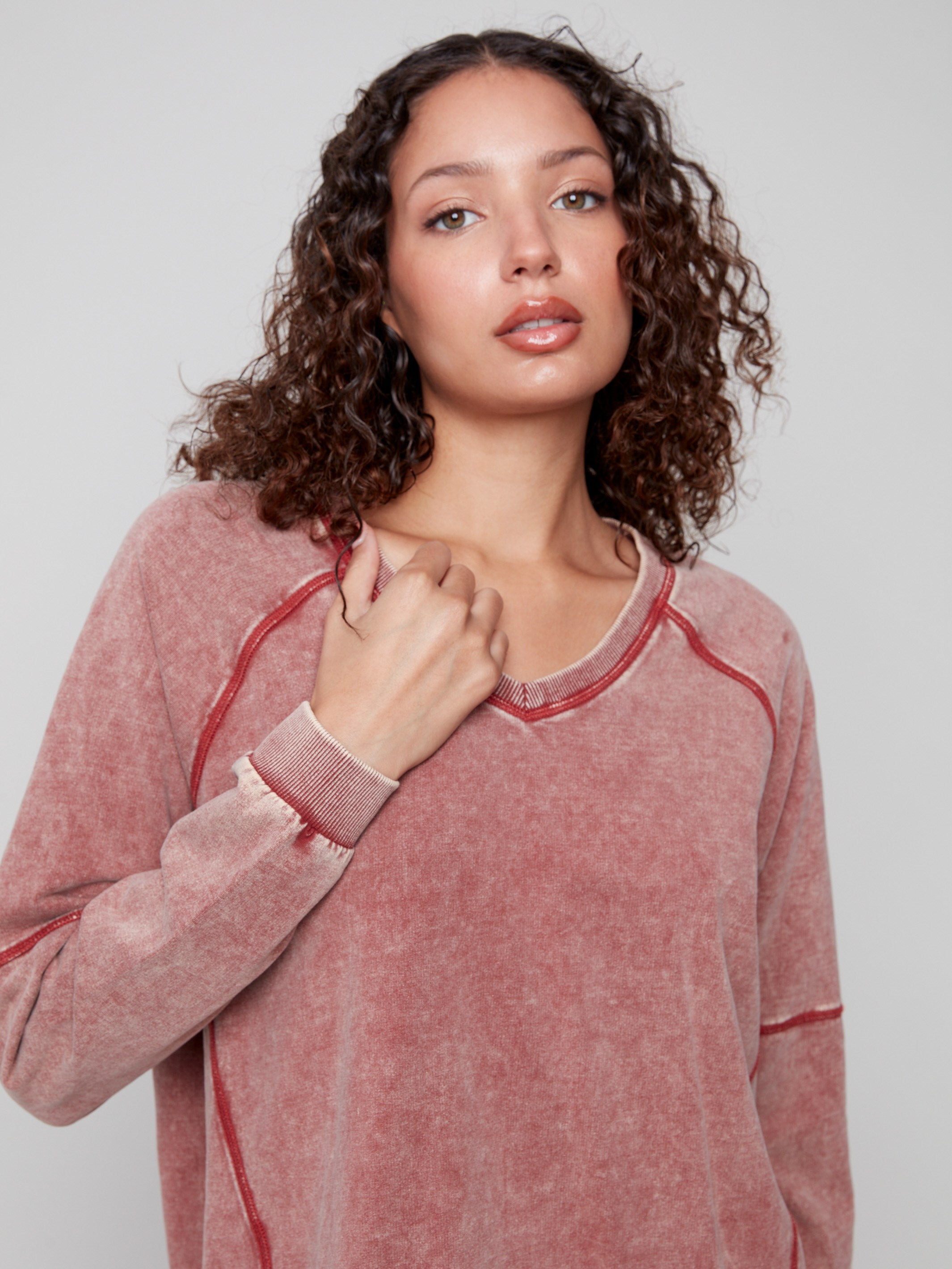 Raglan sleeves add a sporty touch to this stylish Cabernet V-neck top by Charlie B.