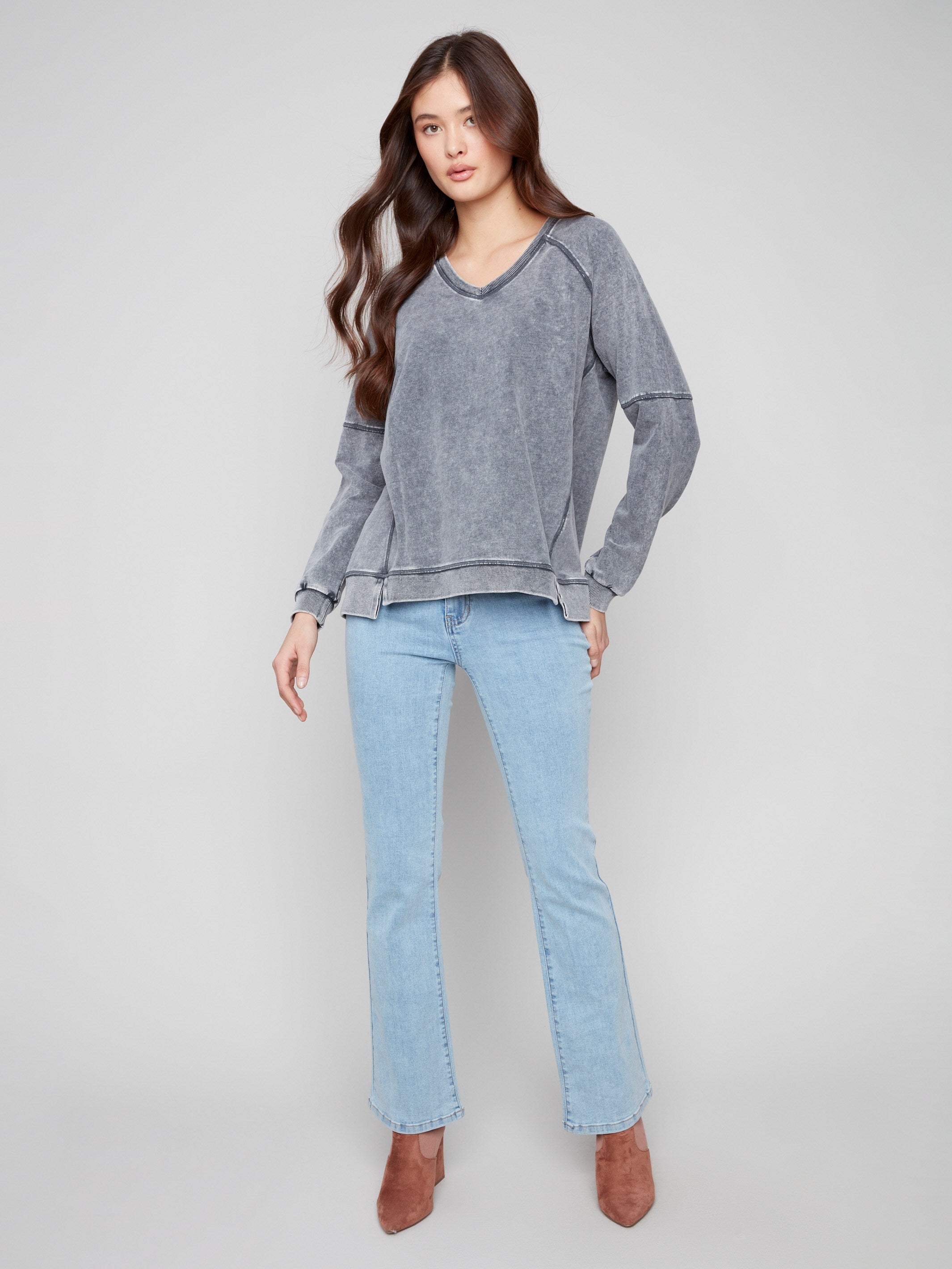 Stylish charcoal top with a washed effect, adding a touch of modernity to your casual ensemble by Charlie B.