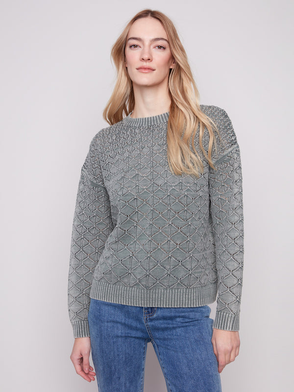 Spruce sweater with a classic crew neck, showcasing elegant drop shoulders for a relaxed fit by Charlie B.