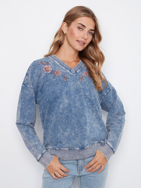 Cold Dye Terry V-Neck Top - Denim