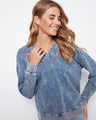Blue terry top with embroidered flowers and a stylish drop shoulder design, offering comfort in stretch cotton by Charlie B.