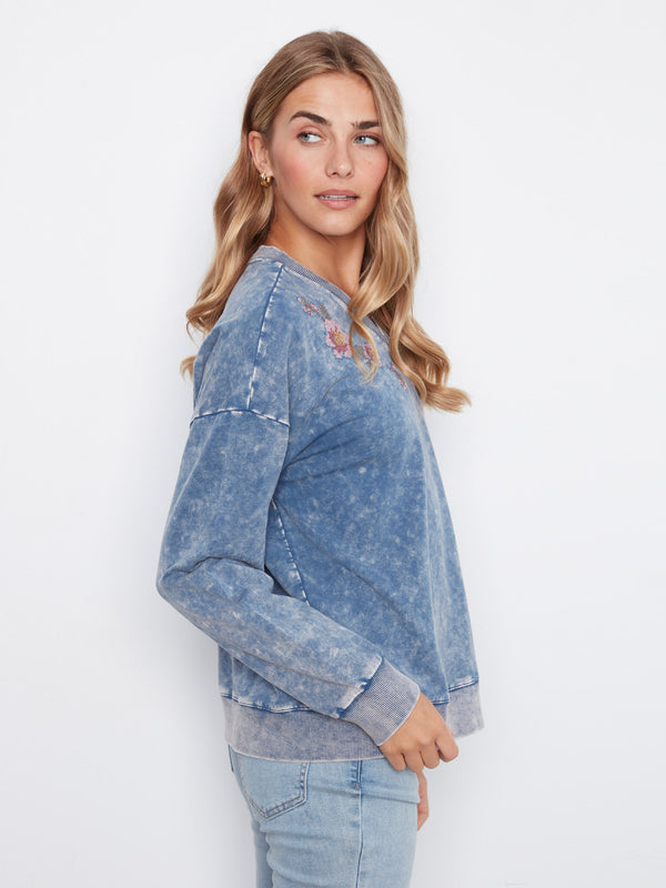 Cold Dye Terry V-Neck Top - Denim