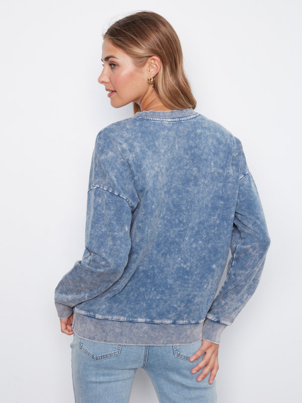 Cold Dye Terry V-Neck Top - Denim