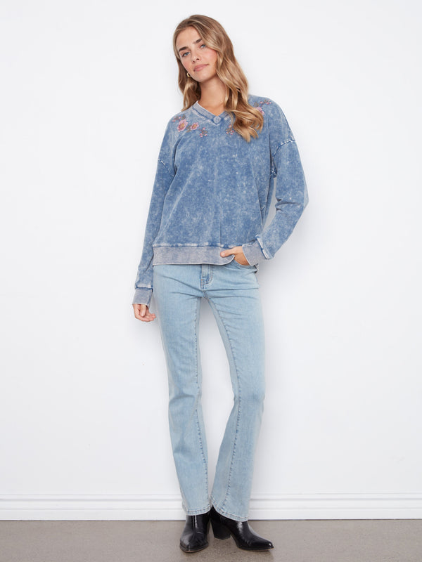 Cold Dye Terry V-Neck Top - Denim