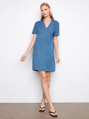 Charlie B Collared V-Neck Denim Mini Dress Medium Blue / XL