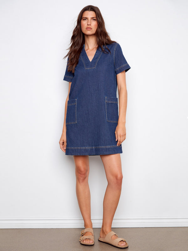 Denim dress featuring a stylish collared V-neck, perfect for any casual outing. Designed with comfort in mind by Charlie B.