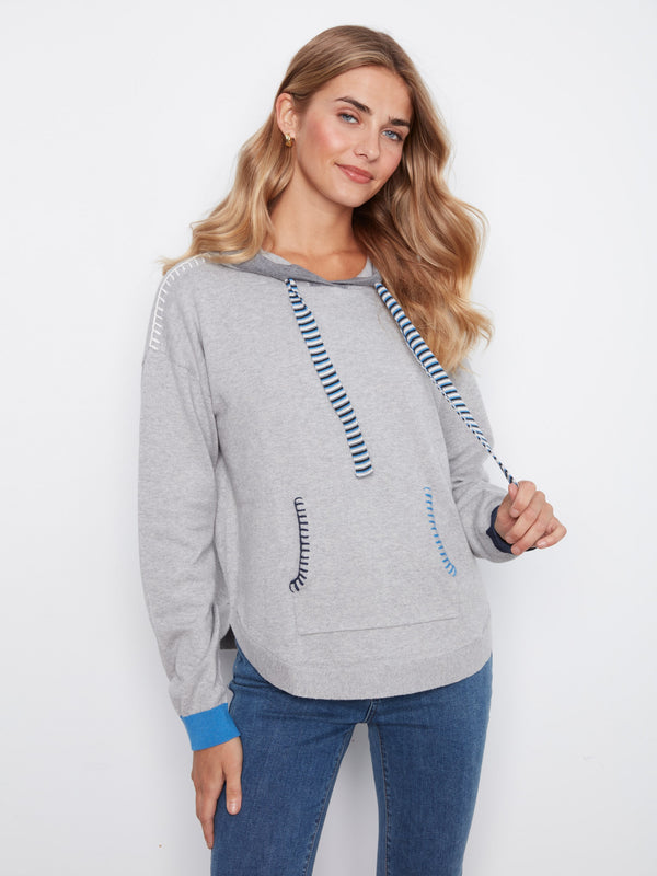 Gray hoodie featuring a hood with drawstrings, perfect for cozy days. Made of 100% cotton for ultimate comfort by Charlie B.