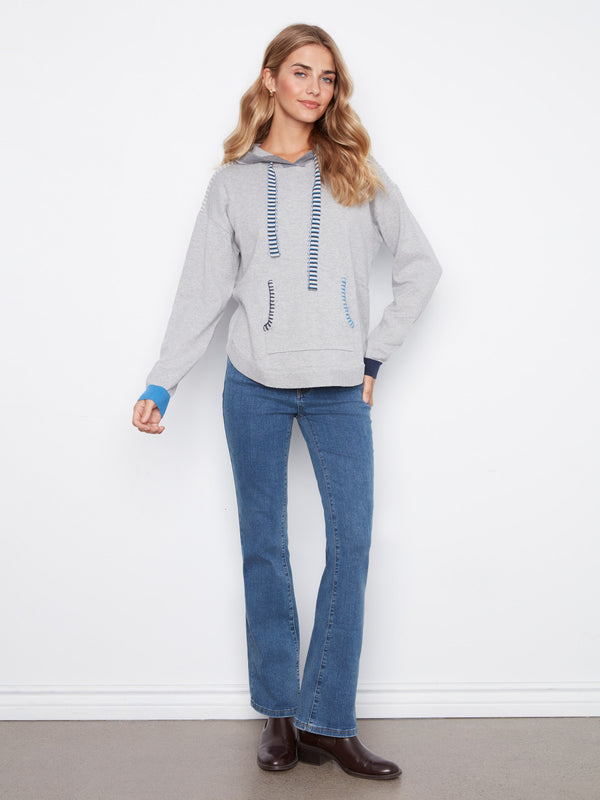 Contrast Detail Hooded Sweater - Heather Grey