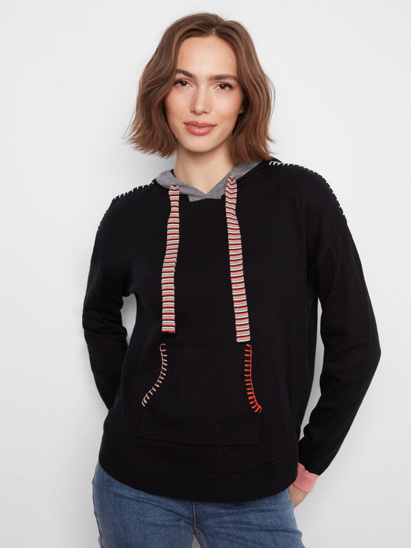 Contrast Detail Hooded Sweater - Black