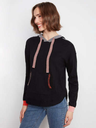 This black hoodie includes a rounded hem and contrasting stitch details, made of 100% cotton by Charlie B.