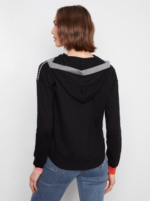 Contrast Detail Hooded Sweater - Black