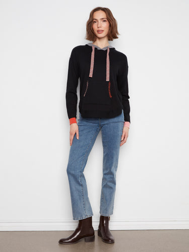 Elegant black sweater with contrast detailing on the cuffs and kangaroo pocket in pure cotton by Charlie B.