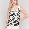 Black and cream crochet top with a square neckline, designed by Charlie B.