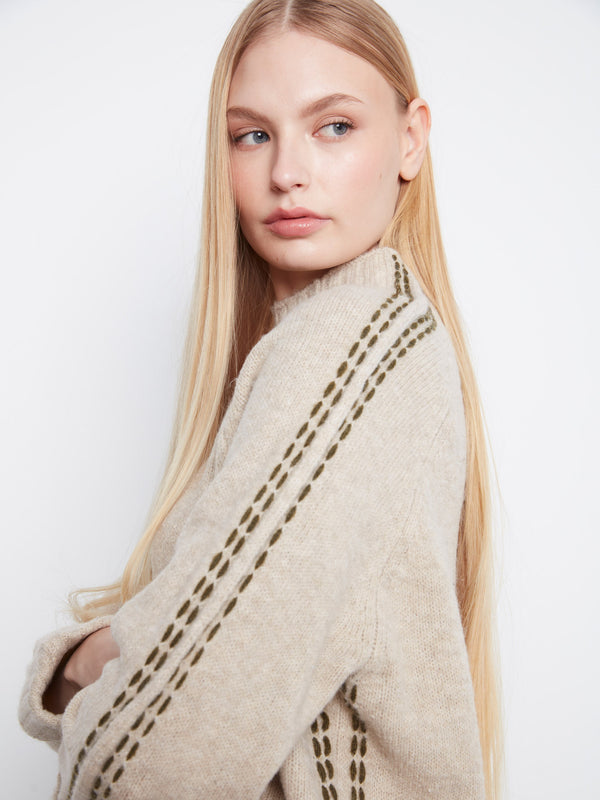 Contrast Stitch Mock Neck Sweater - Heather Oat