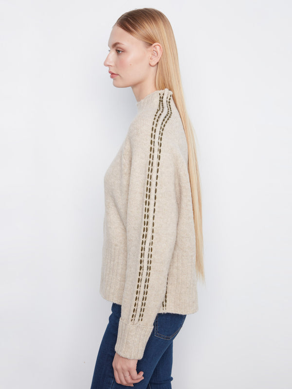 Contrast Stitch Mock Neck Sweater - Heather Oat