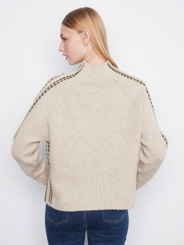 Contrast Stitch Mock Neck Sweater - Heather Oat