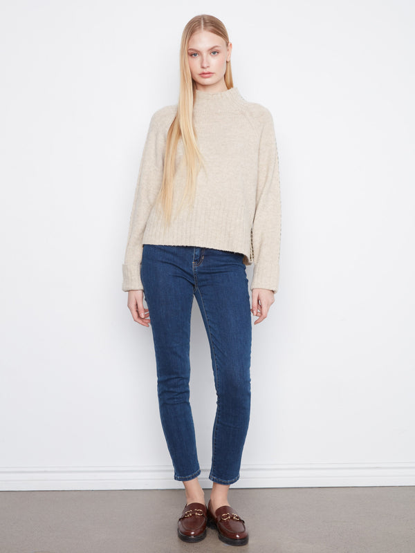 Contrast Stitch Mock Neck Sweater - Heather Oat
