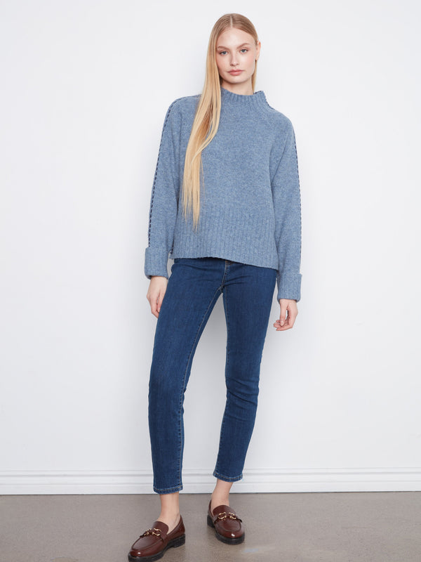 Contrast Stitch Mock Neck Sweater - Heather Denim