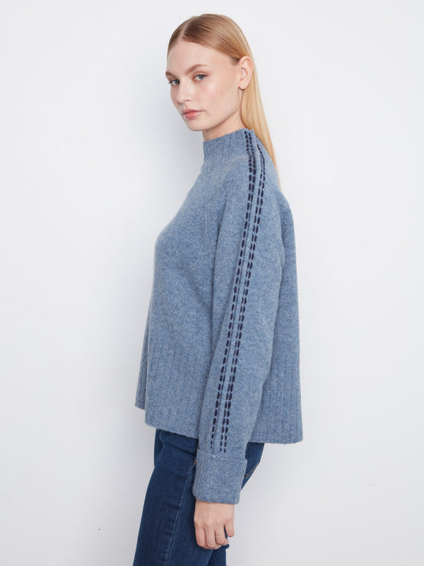 Contrast Stitch Mock Neck Sweater - Heather Denim