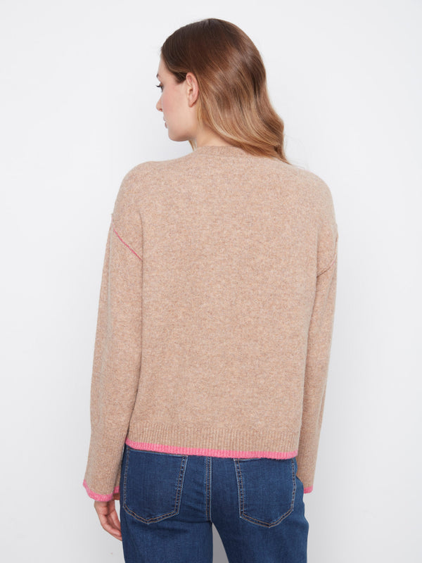 Contrast Trim Crew Neck Sweater - Heather Camel