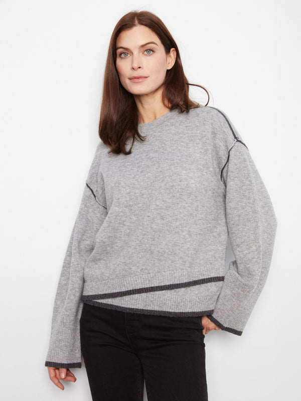 Contrast Trim Crew Neck Sweater - Heather Light Grey