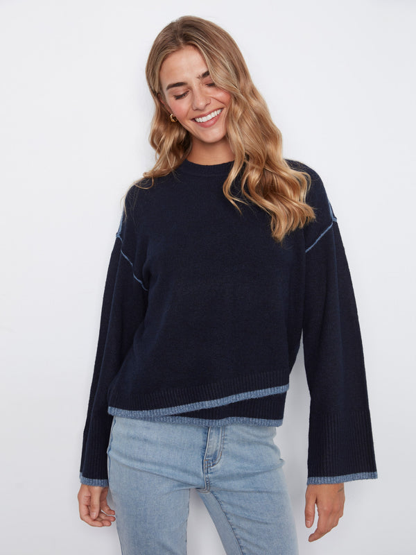 Contrast Trim Crew Neck Sweater - Navy