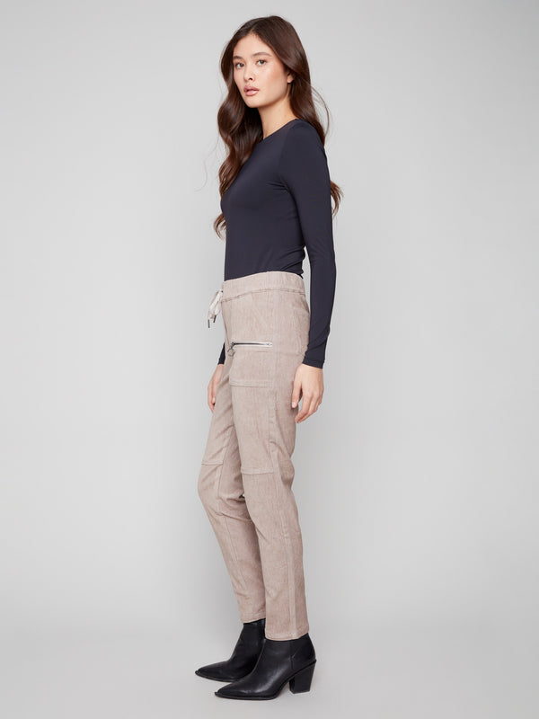 Corduroy joggers with two front zipper pockets and mid-rise waist, ideal for everyday use by Charlie B.