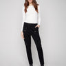 Slim fit black corduroy joggers with zipper pockets and elastic waistband for a comfortable style by Charlie B.