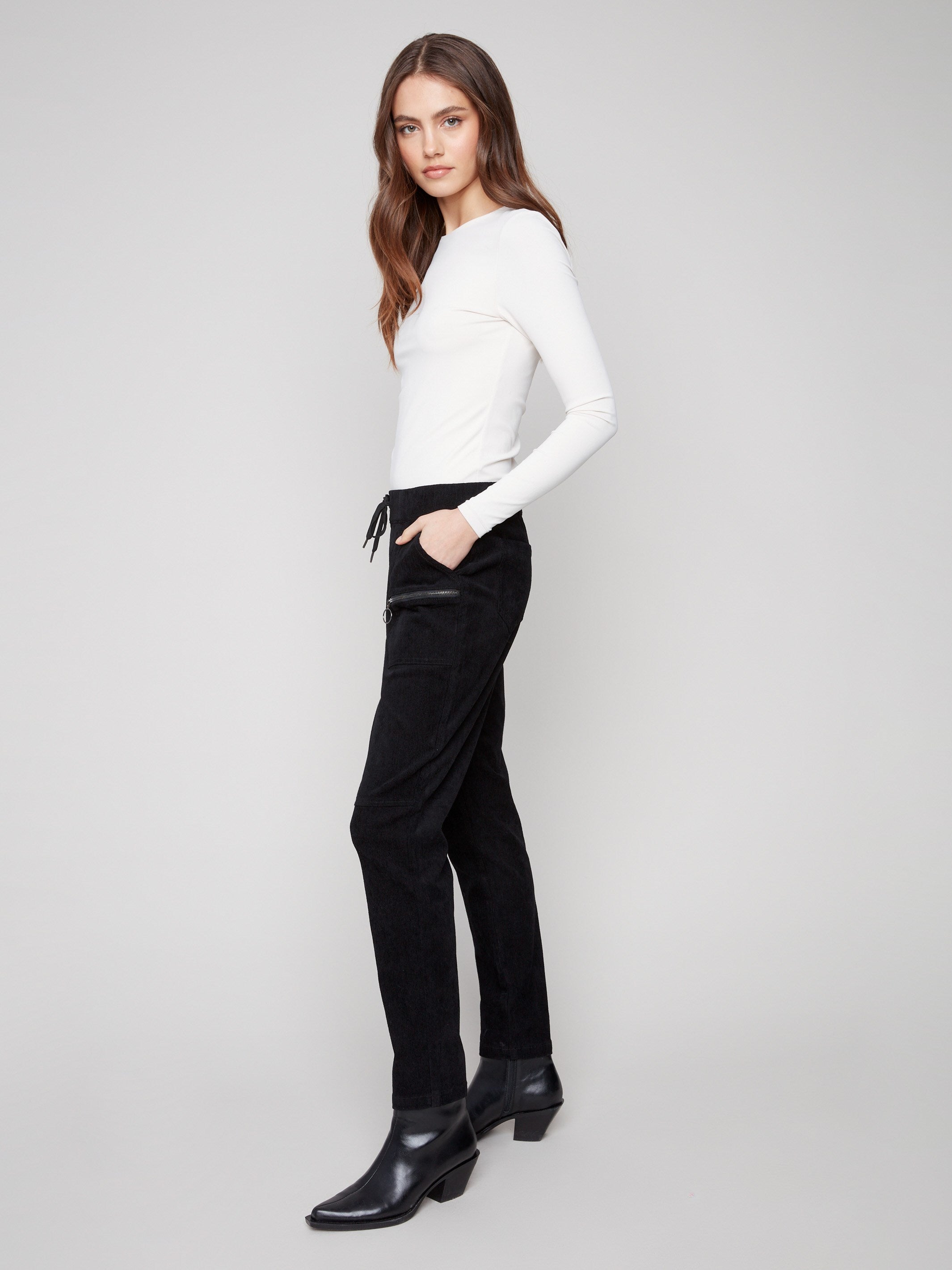 Corduroy joggers with pull-on style and two front zipper pockets, perfect for casual outings by Charlie B.