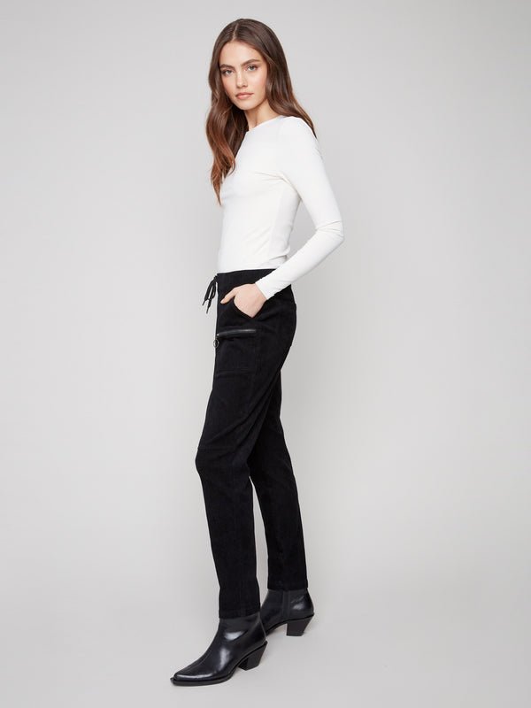 Corduroy joggers with pull-on style and two front zipper pockets, perfect for casual outings by Charlie B.