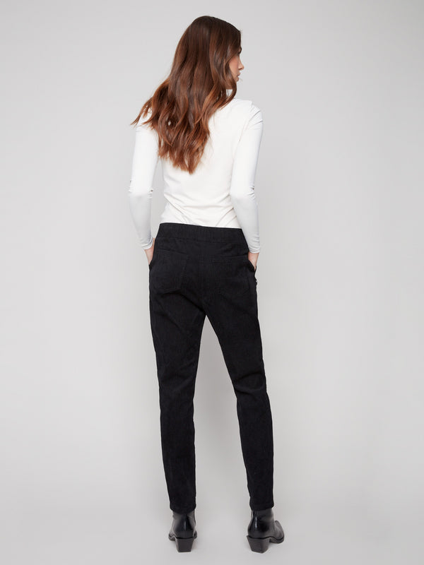 Fashion-forward black jogger pants highlighting slim fit design and stretchy material for easy wear by Charlie B.