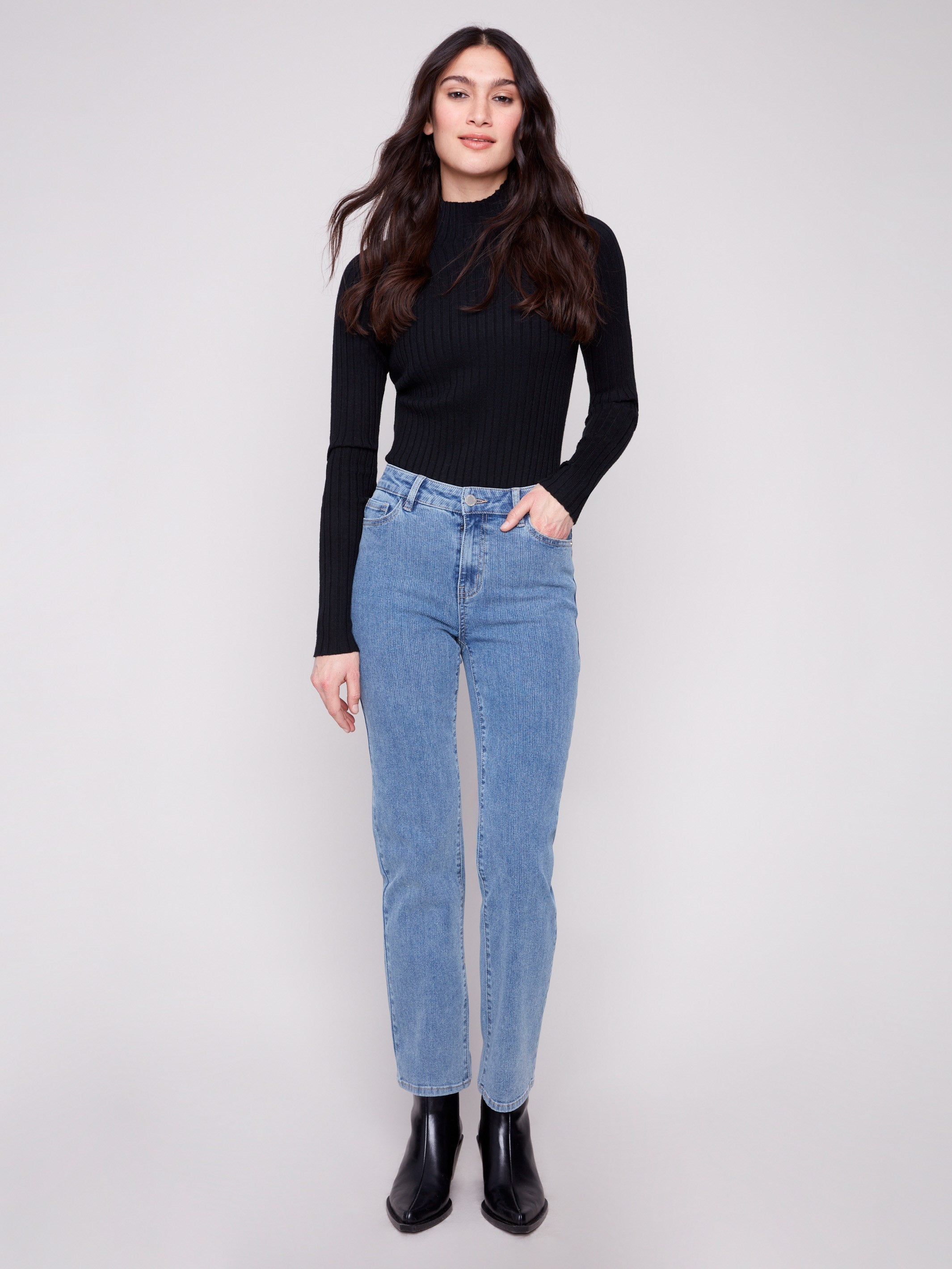 Blue denim corduroy pants with a stylish straight leg and long length, perfect for any occasion by Charlie B.