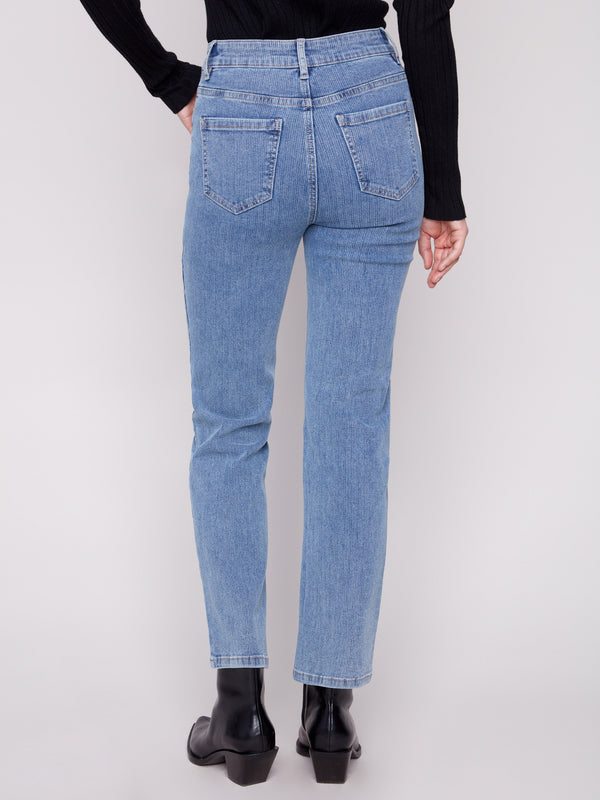 Long length blue denim pants with a flattering straight-leg fit, ideal for everyday wear by Charlie B.