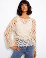 Elegant crochet top with a boat neckline, showcasing intricate patterns and a relaxed fit. Perfect for any occasion by Charlie B.