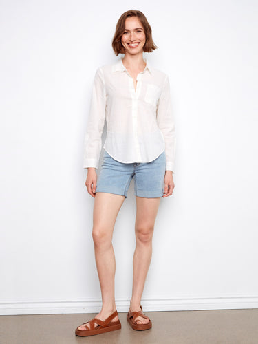Chic white long-sleeve shirt with a refined collar, made from premium cotton material by Charlie B.