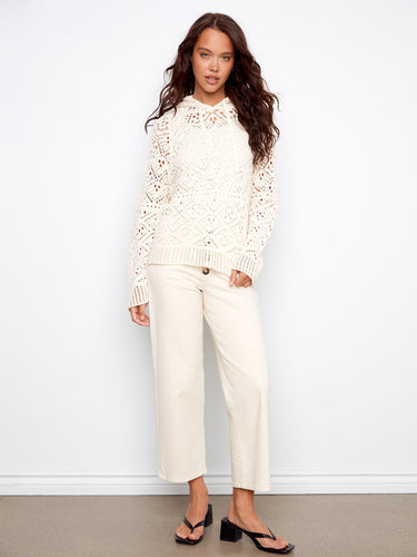 Cotton crochet hoodie sweater in natural color with adjustable drawstrings for a personalized fit by Charlie B.