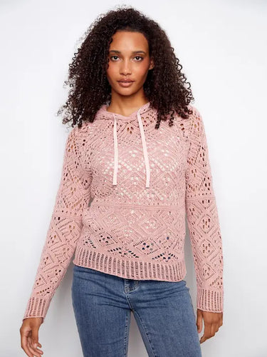 Cotton Crochet Hoodie Sweater - Carnation